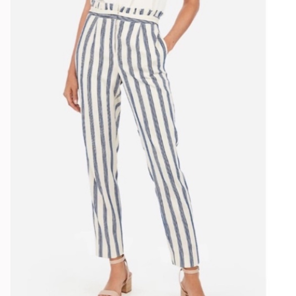 NWT Express High Rise Paperbag Ankle Pants Cream Blue Stripe Size 4
